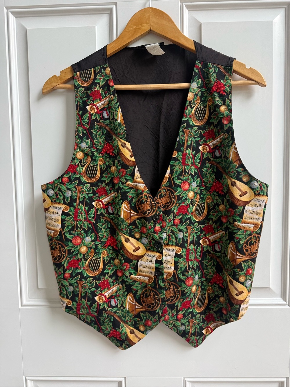 Vintage Festive Christmas Yule Tide Musical Print V-Neck Women's Vest 90’s